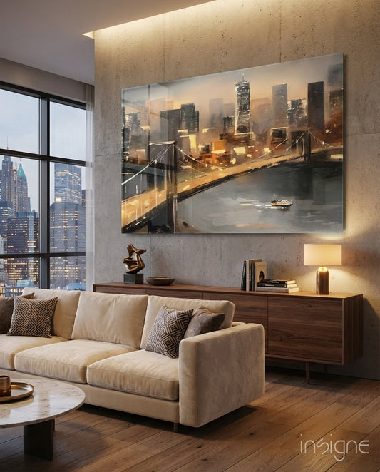New York Bridge Glass Wall Art Manhattan skyline at golden hour