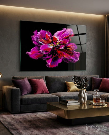 Magenta red painted peony glass wall art