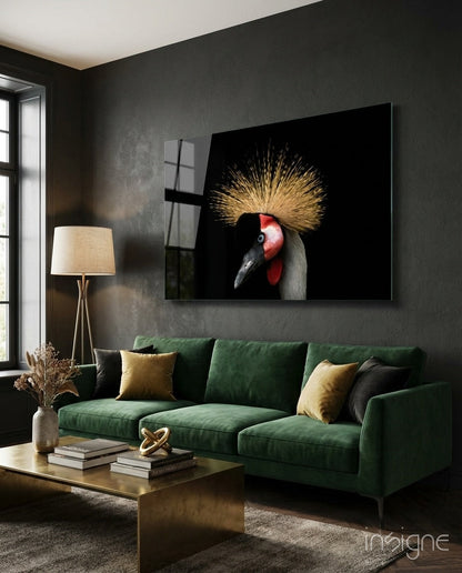 Crowned crane glass wall art - grey-crowned crane portrait on black background, tempered glass
