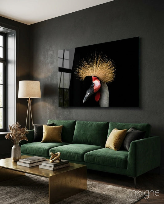 Crowned crane glass wall art - grey-crowned crane portrait on black background, tempered glass