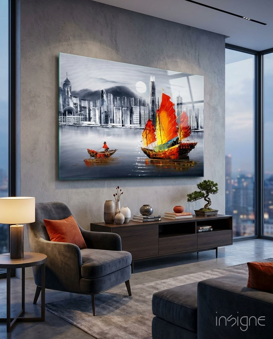 Hong Kong Junk Boat Skyline glass wall art cityscape