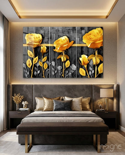 Yellow roses glass wall art wood backdrop print