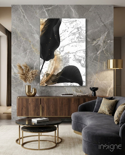 Black gold leaf marble abstract glass wall art