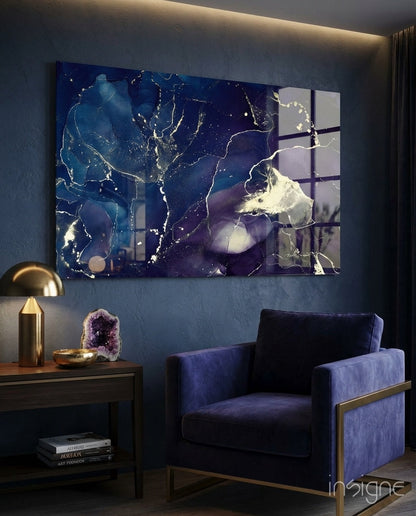 Indigo and gold marble glass wall art, alcohol-ink swirls with gold veins