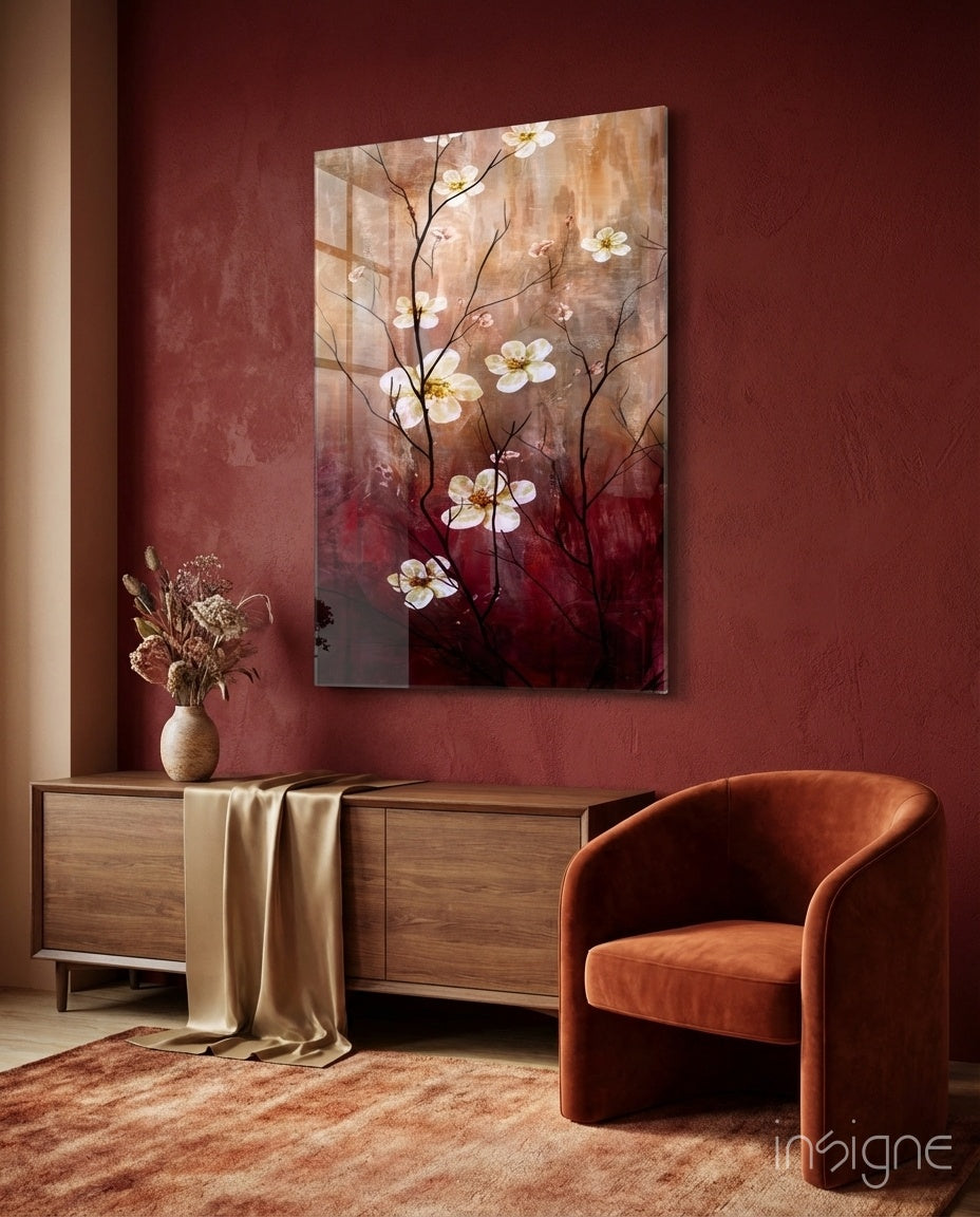 Crimson and cream daisy branch glass wall art