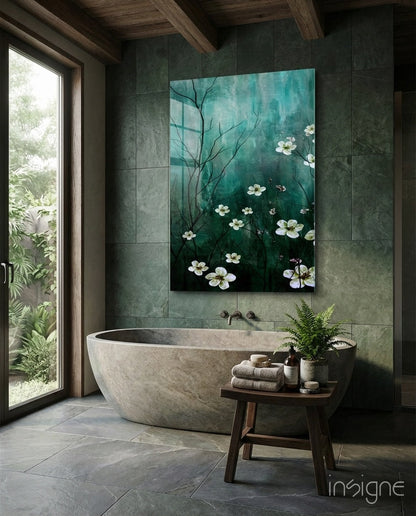 Emerald Blossom Branch glass wall art print