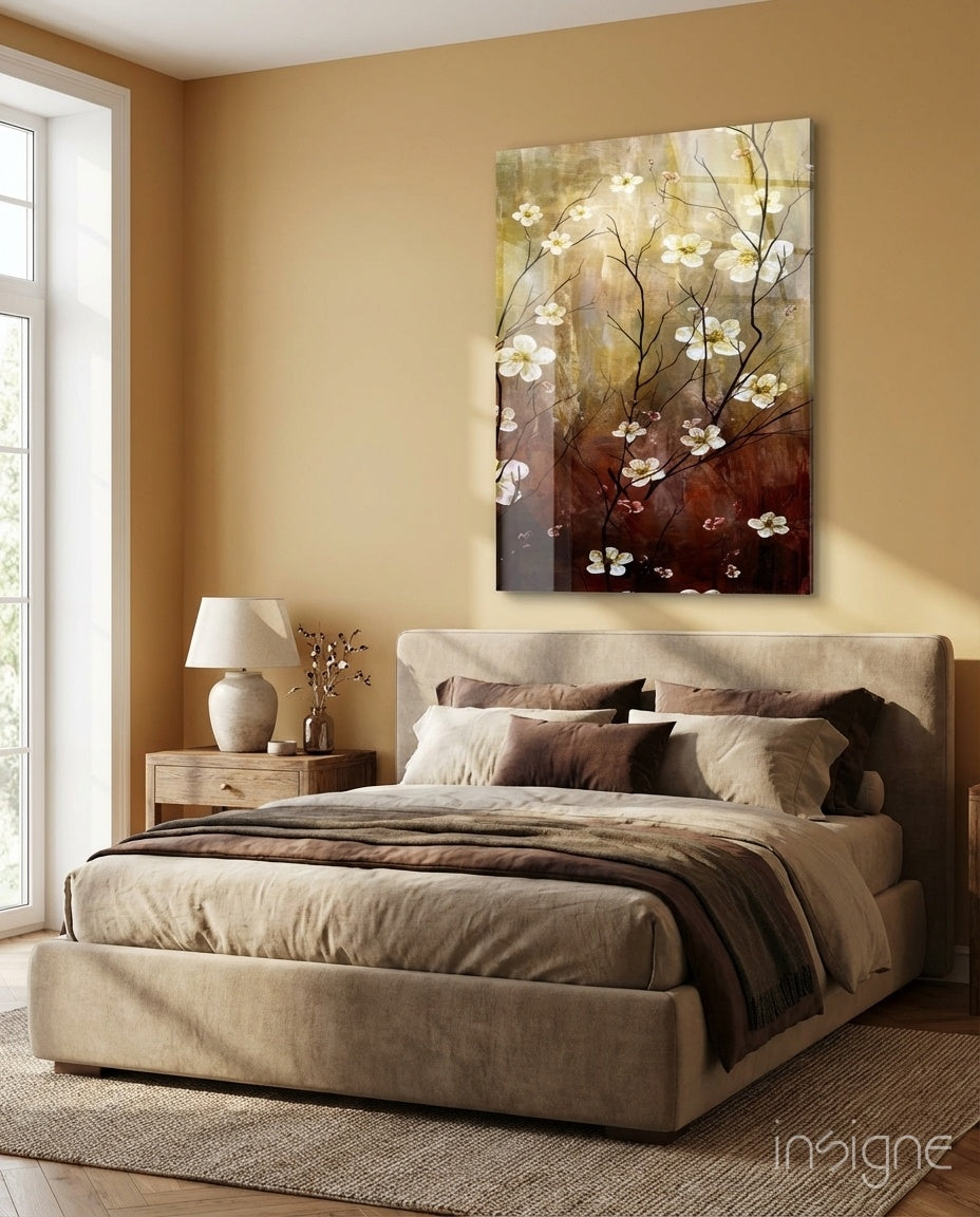 Amber brown blossom branch glass wall art