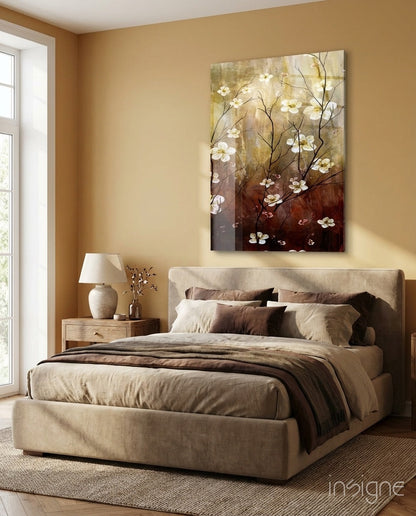 Amber brown blossom branch glass wall art