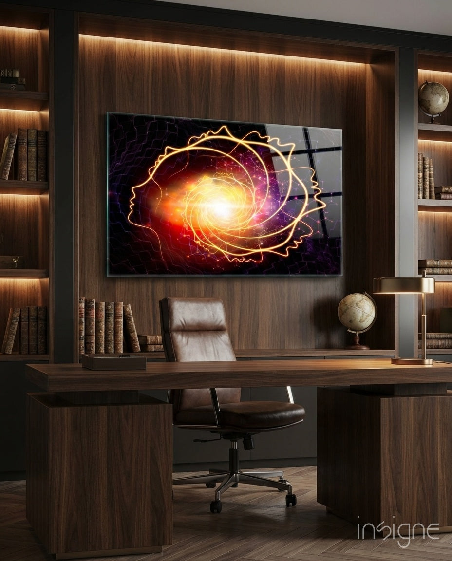 Golden Cosmic Swirl amber galaxy glass wall art