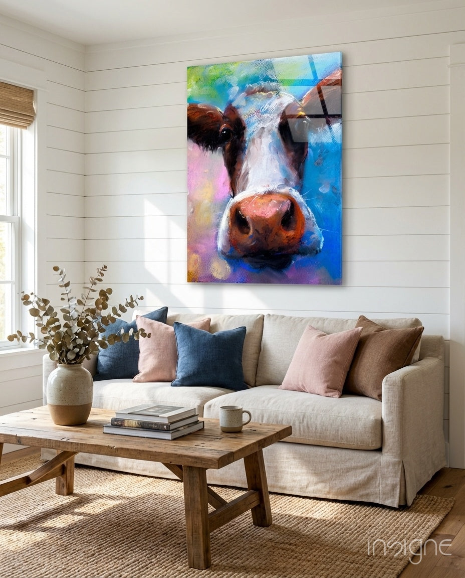 Painted cow pop art glass wall art