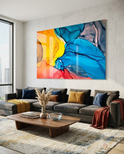 Blue orange ink flow glass wall art