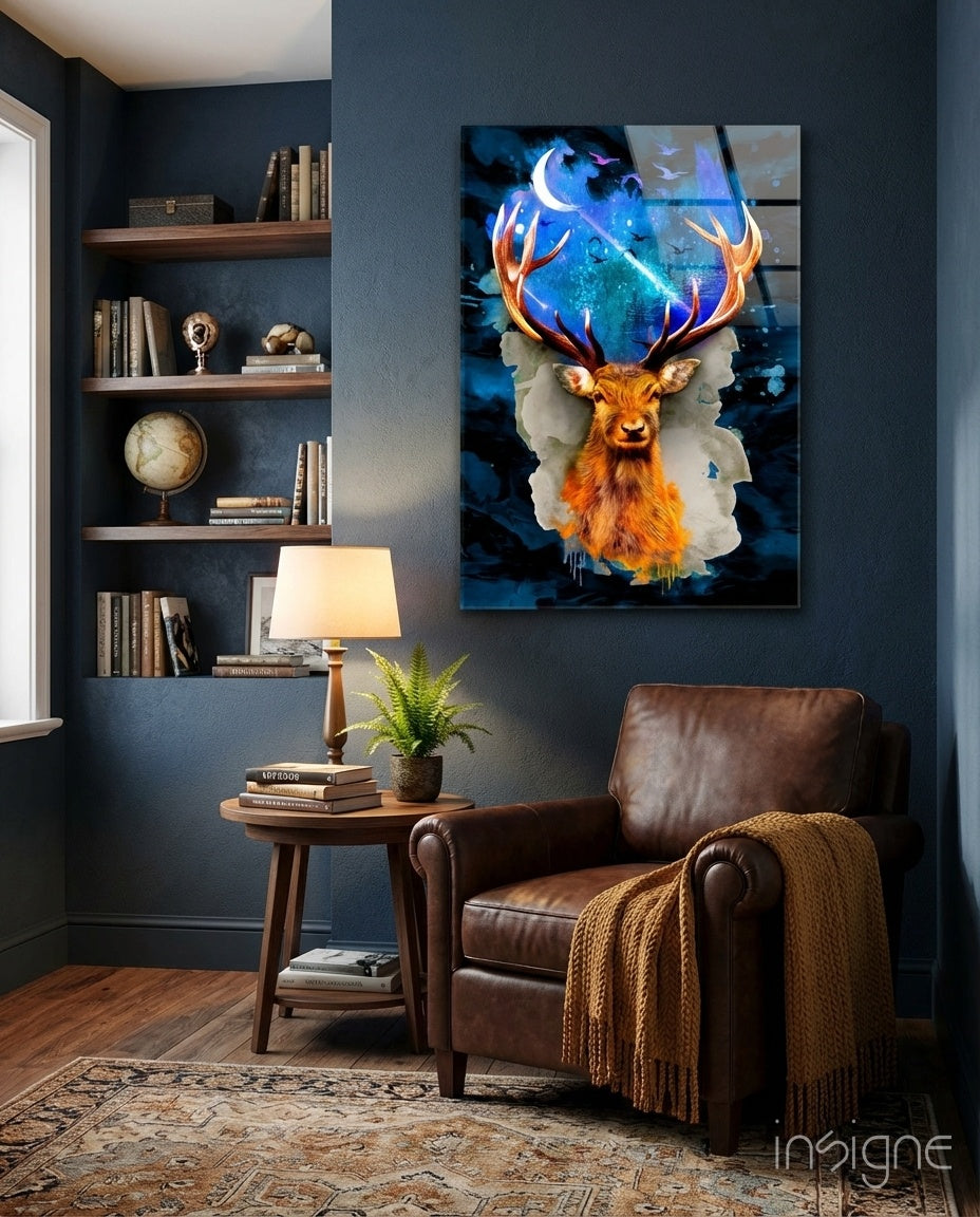 Cosmic stag antler glass wall art with starry sky