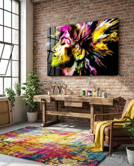 Golden Yellow Vivid Mind Profile glass wall art expressionist portrait print