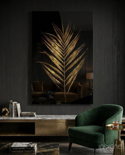 Golden palm leaf black glass wall art