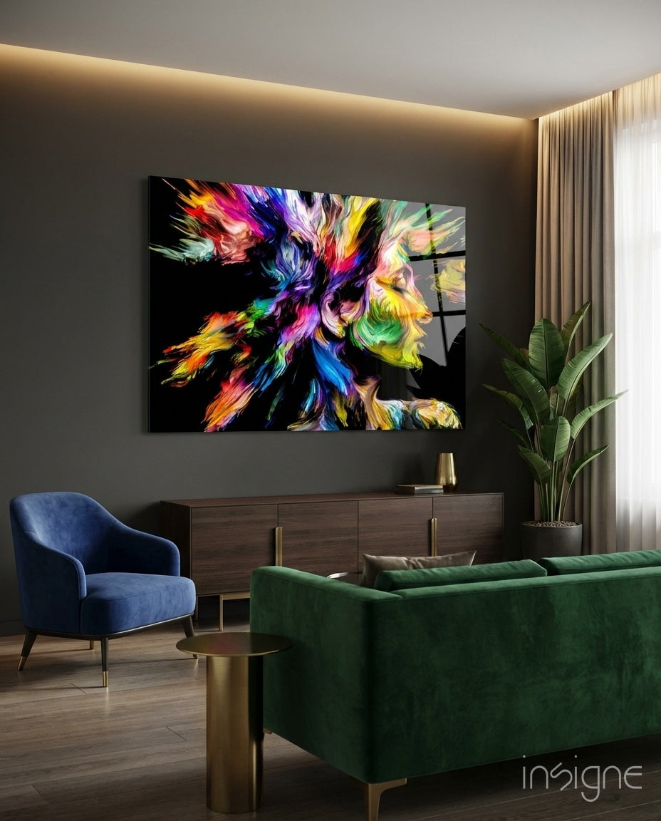 Two Profiles Meeting in Color Burst abstract glass wall art