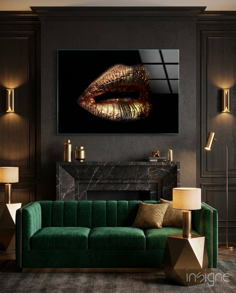 Golden parted lips glass wall art on black