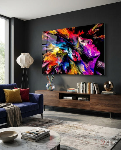 Colorful Thoughts abstract glass wall art, woman with magenta and cyan color burst on tempered glass