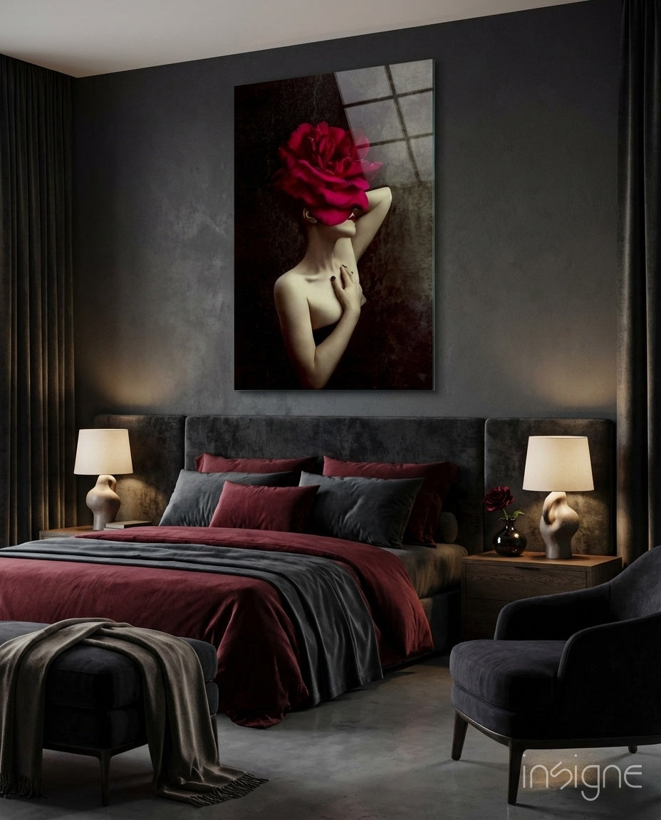 Rose and woman glass wall art with crimson velvet floral portrait