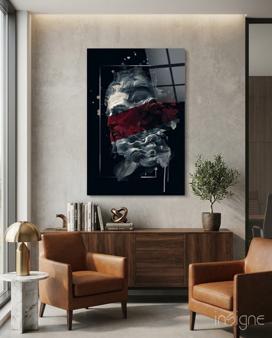 Poseidon bust crimson stripe glass wall art