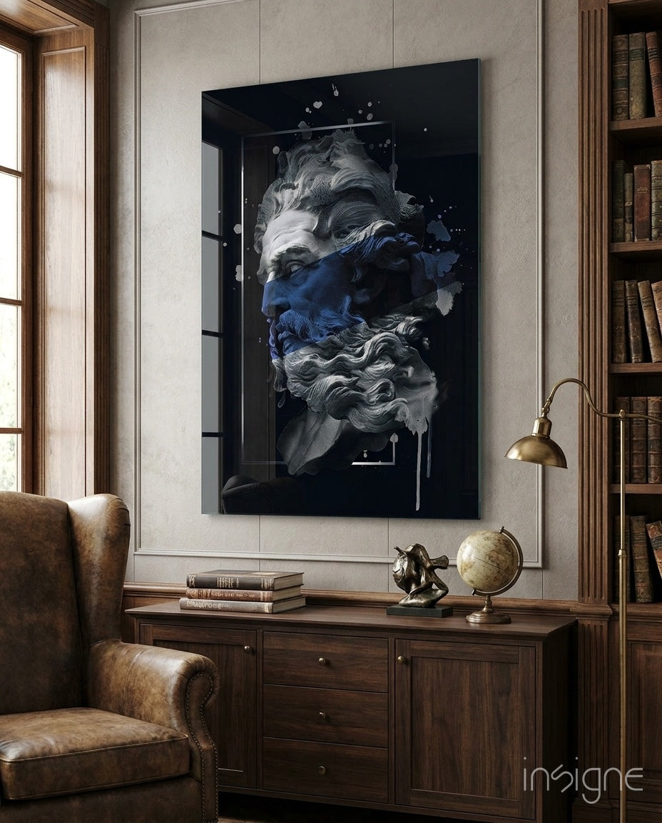 Poseidon marble bust tempered glass wall art