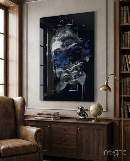 Poseidon marble bust tempered glass wall art