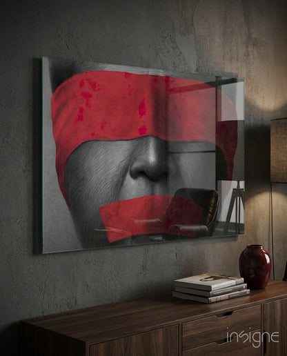 Red blindfold silenced portrait glass wall art