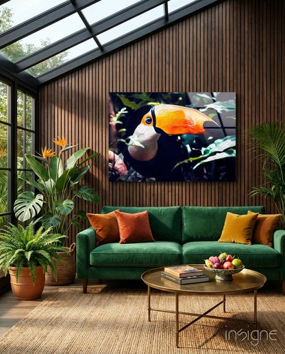 Toco Toucan glass wall art tropical bird design