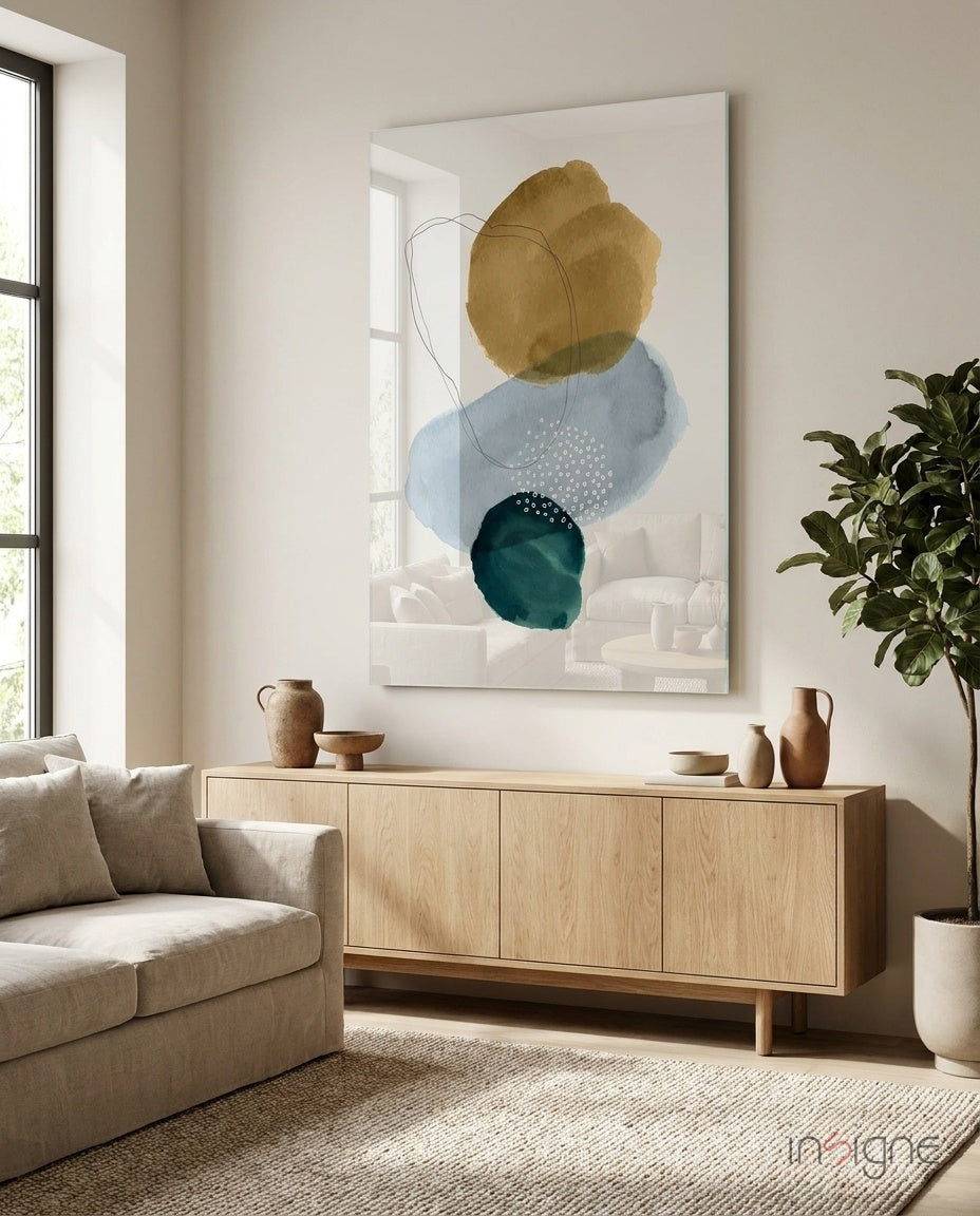 Ochre Stack Glass Wall Art print with mustard disc and teal-blue watercolor blobs