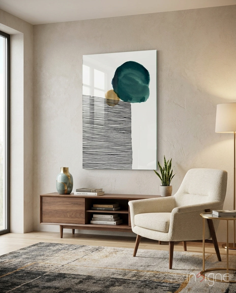 Lined Teal Glass Wall Art print with teal disc and black line block