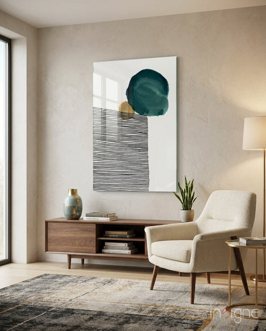 Lined Teal Glass Wall Art print with teal disc and black line block