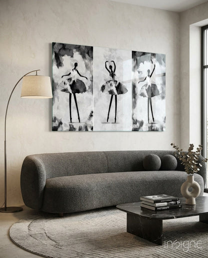 Ballerina Glass Wall Art - monochrome ballet triptych on tempered glass