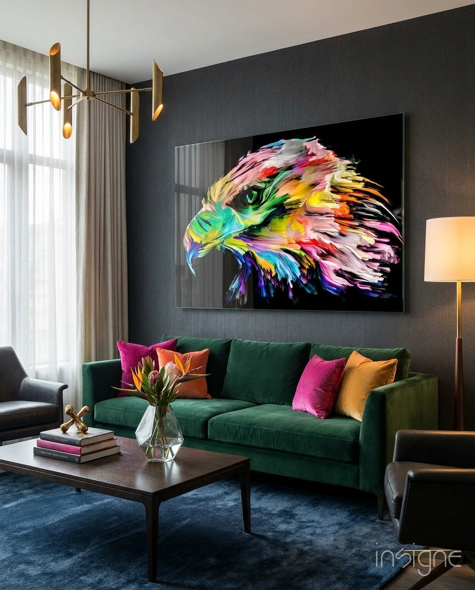 Rainbow painted falcon glass wall art