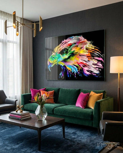 Rainbow painted falcon glass wall art
