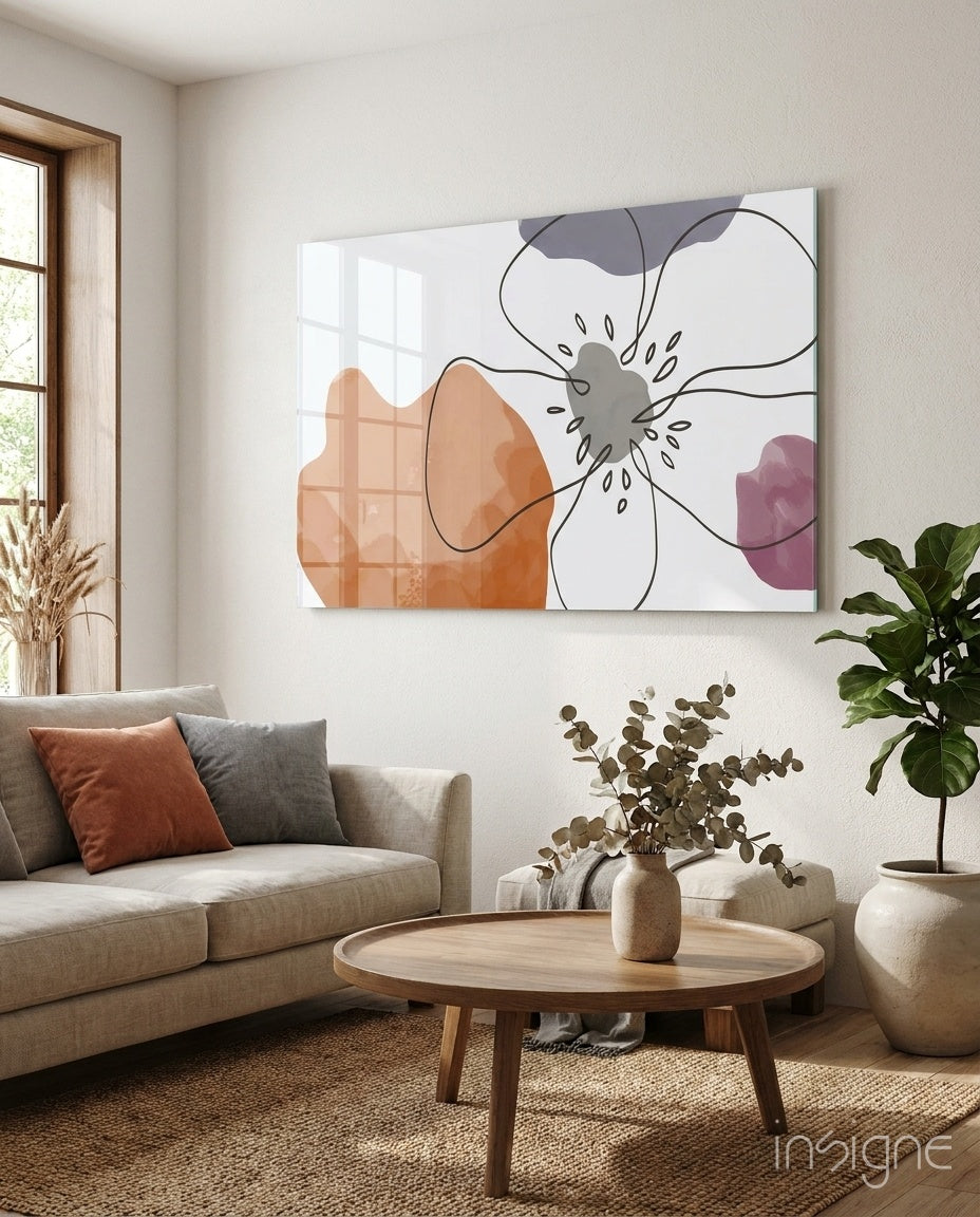 Line art flower glass wall art boho design