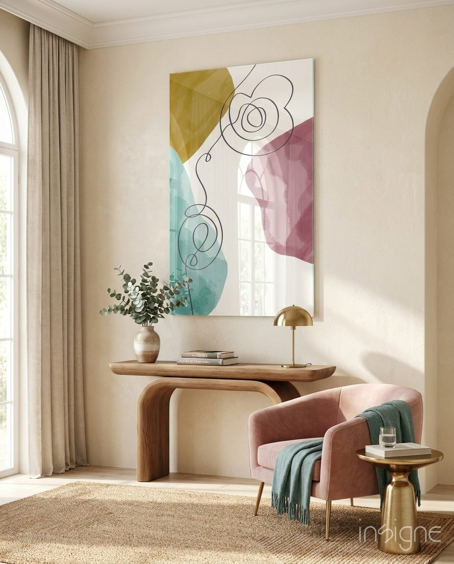 Pastel Drift Glass Wall Art print with mustard-ochre, teal, and dusty-rose shapes