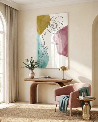 Pastel Drift Glass Wall Art print with mustard-ochre, teal, and dusty-rose shapes