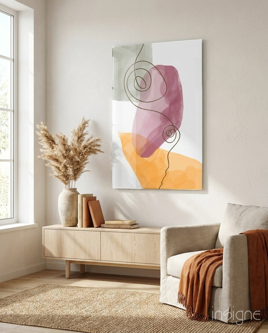 Mauve Stack glass wall art with abstract shapes design