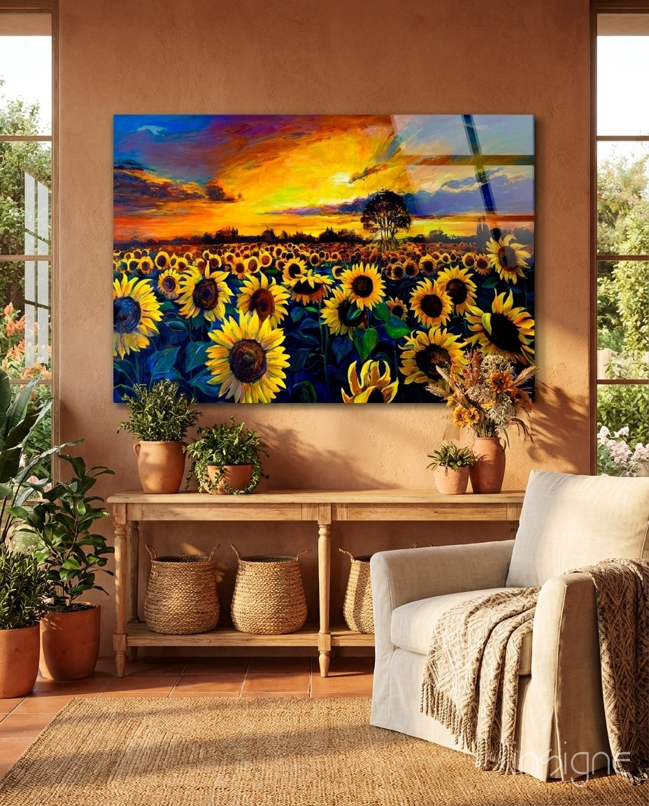 Sunflower Field Sunset glass wall art with golden sunflower field scene