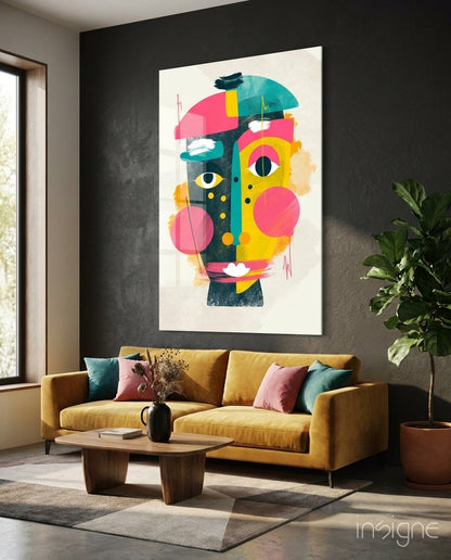 Pink yellow collage cubist face glass wall art