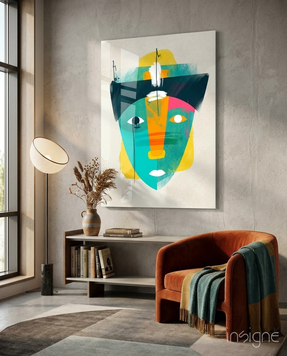 Tribal mask abstract face glass wall art