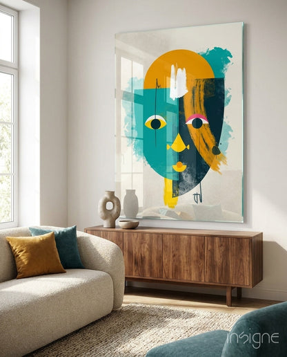 Teal and yellow geometric face glass wall art