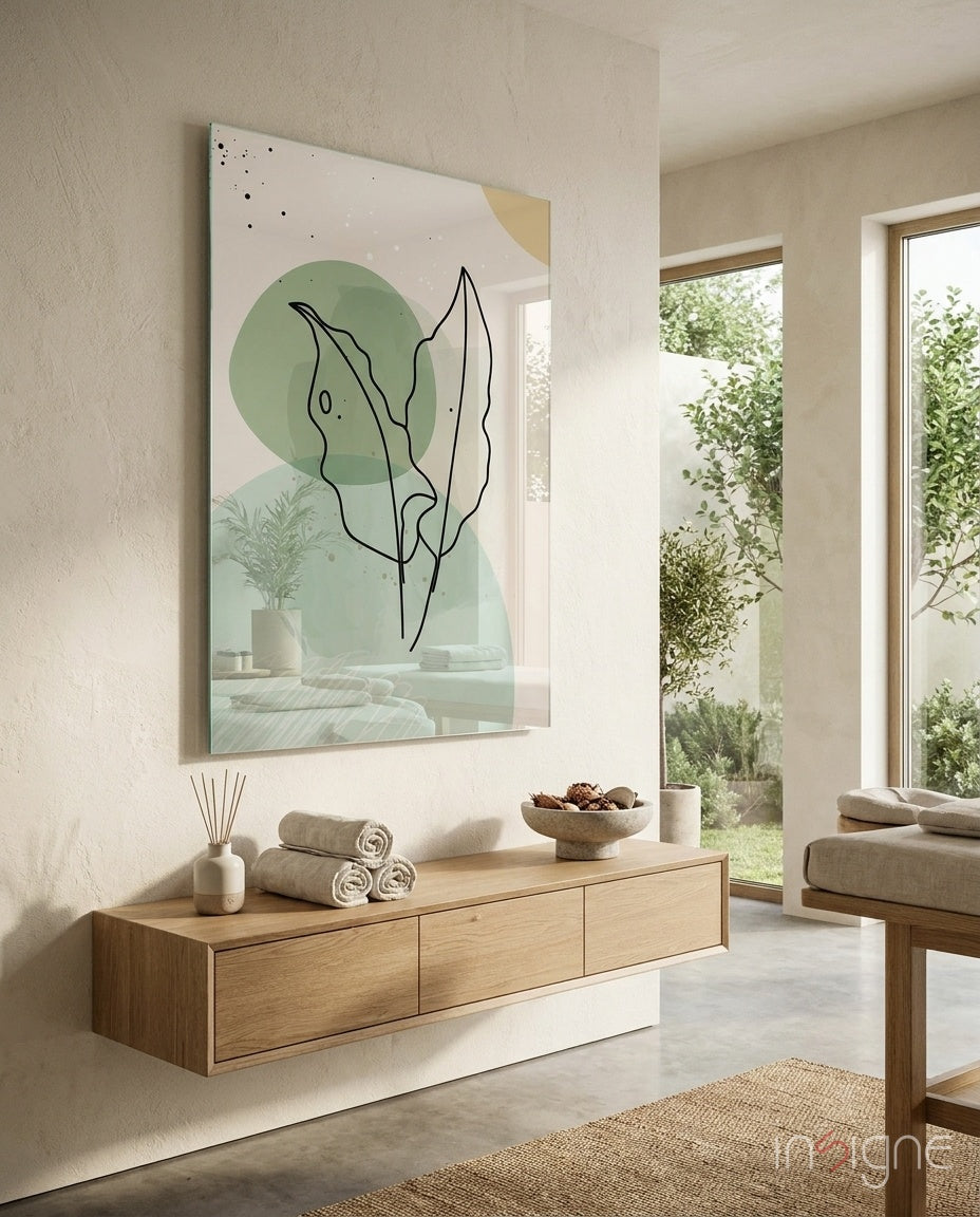 Sage Leaves botanical line-art glass wall art with sage and mustard tones