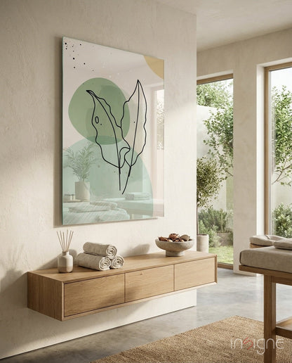 Sage Leaves botanical line-art glass wall art with sage and mustard tones