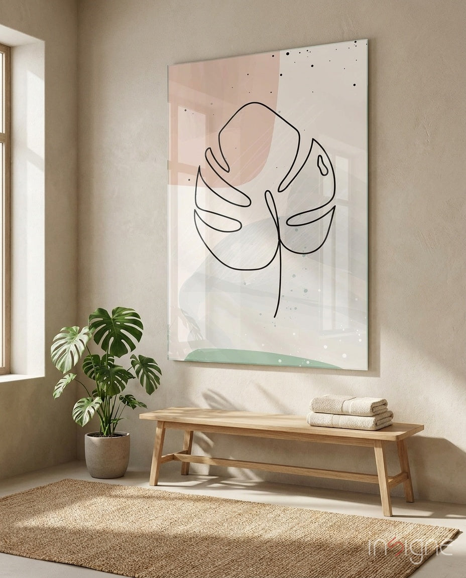 Line Monstera Glass Wall Art print with black-line leaf and peach-sage wash