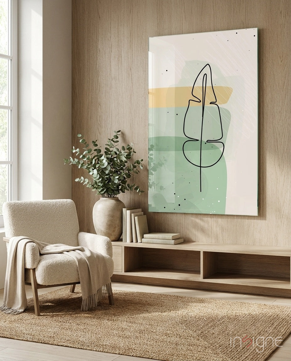 Line Tropical Glass Wall Art print with black line leaf and mustard sage tones