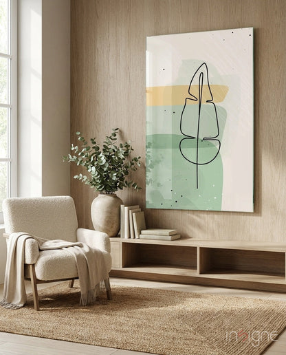 Line Tropical Glass Wall Art print with black line leaf and mustard sage tones