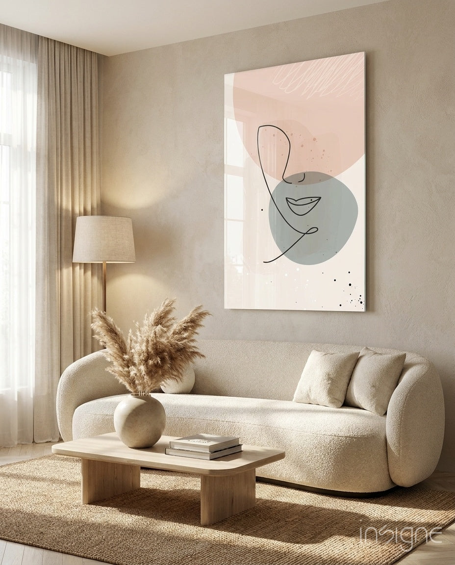 Blush Line Portrait glass wall art with scandi line illustration