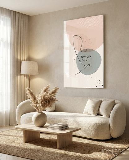 Blush Line Portrait glass wall art with scandi line illustration