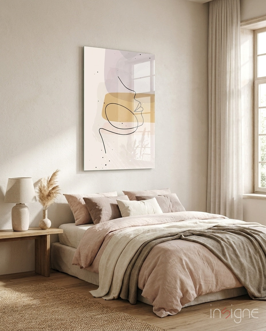 Mustard Line Portrait line-art glass wall art in mustard and lavender tones