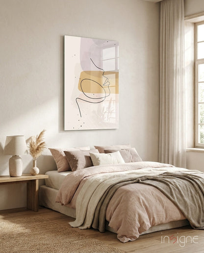 Mustard Line Portrait line-art glass wall art in mustard and lavender tones